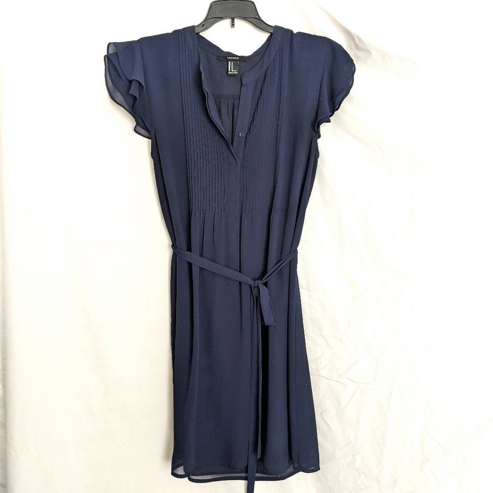 Navy Pintuck Design Tie Waist Dress